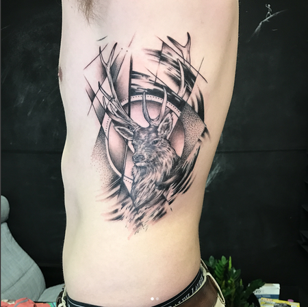 Tattoos - Stag Head and Geometric/Abstract Elements on Ribs- Instagram @MichaelBalesArt - 129796